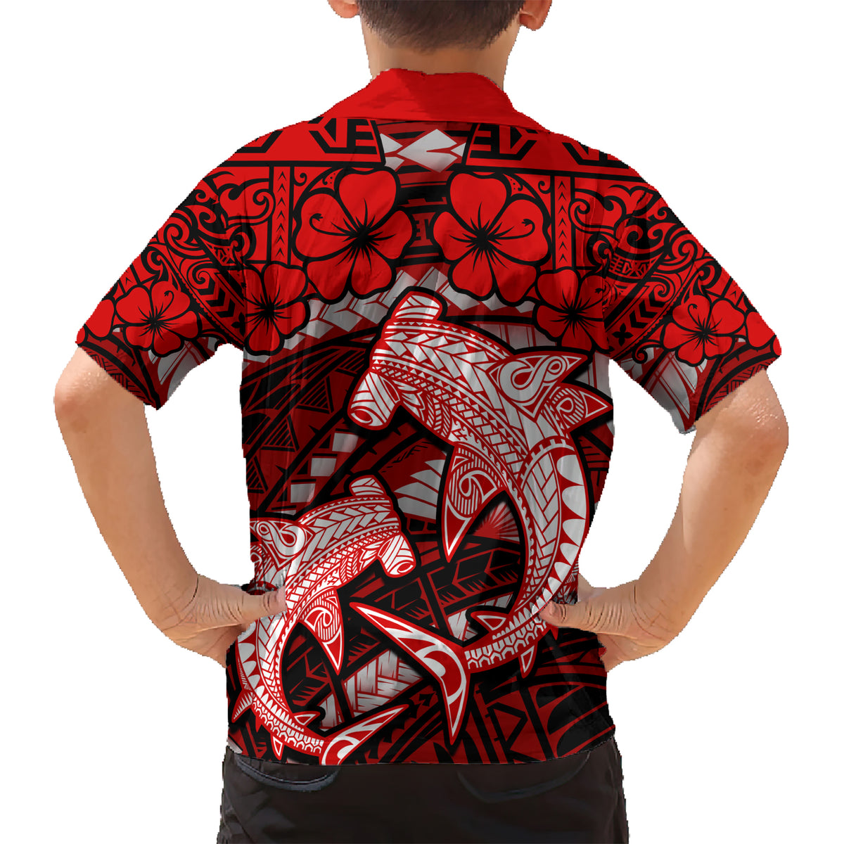 Polynesian Shark Valentine Day Kid Hawaiian Shirt Hibiscus and Tribal Tattoo Red Style LT03 - Polynesian Pride