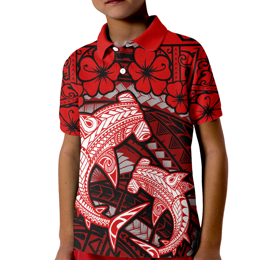 Polynesian Shark Valentine Day Kid Polo Shirt Hibiscus and Tribal Tattoo Red Style LT03 Kid Red - Polynesian Pride