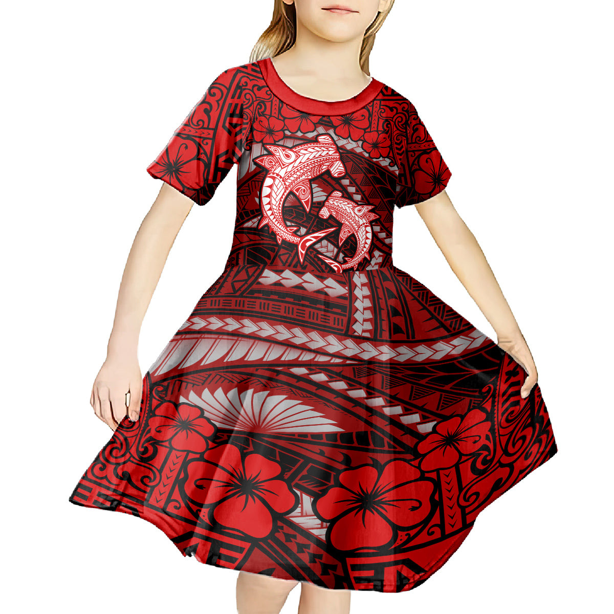Polynesian Shark Valentine Day Kid Short Sleeve Dress Hibiscus and Tribal Tattoo Red Style LT03 - Polynesian Pride