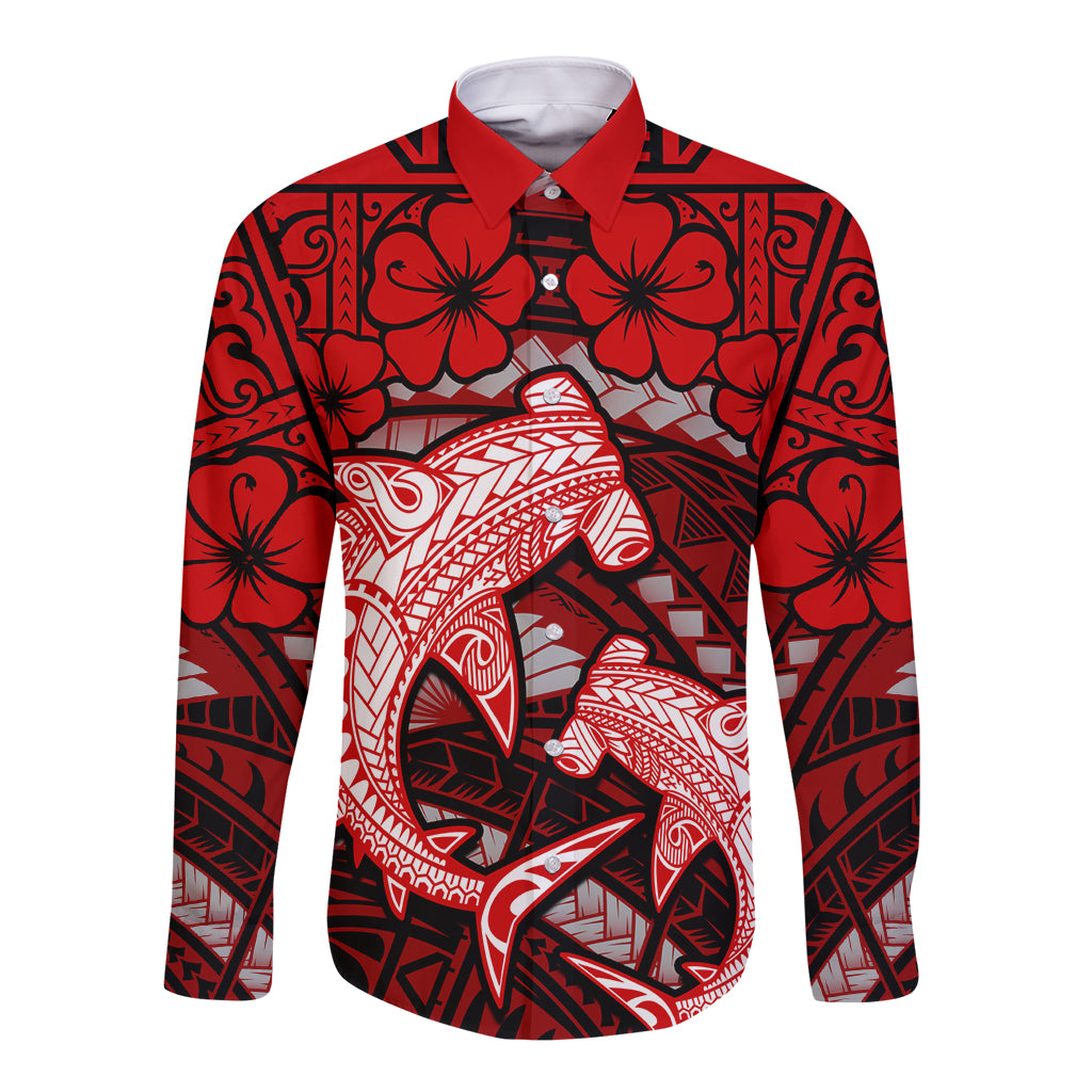 Polynesian Shark Valentine Day Long Sleeve Button Shirt Hibiscus and Tribal Tattoo Red Style LT03 Unisex Red - Polynesian Pride
