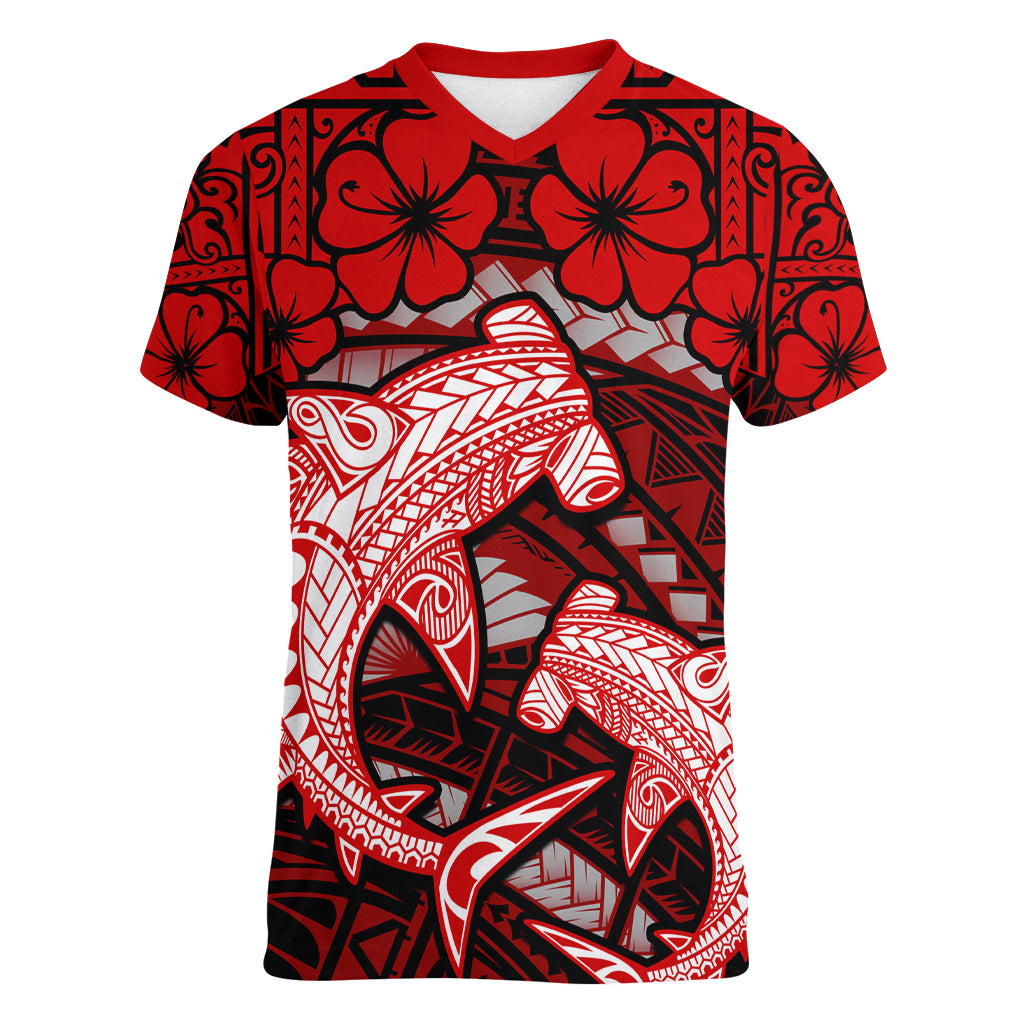 Polynesian Shark Valentine Day Women V Neck T Shirt Hibiscus and Tribal Tattoo Red Style LT03 Female Red - Polynesian Pride
