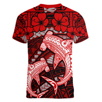 Polynesian Shark Valentine Day Women V Neck T Shirt Hibiscus and Tribal Tattoo Red Style LT03 - Polynesian Pride