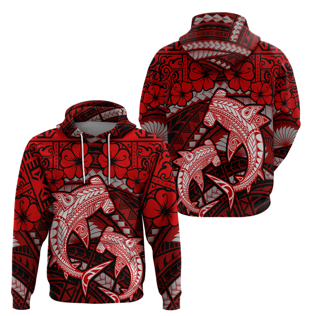 Polynesian Shark Valentine Day Zip Hoodie Hibiscus and Tribal Tattoo Red Style LT03 - Polynesian Pride