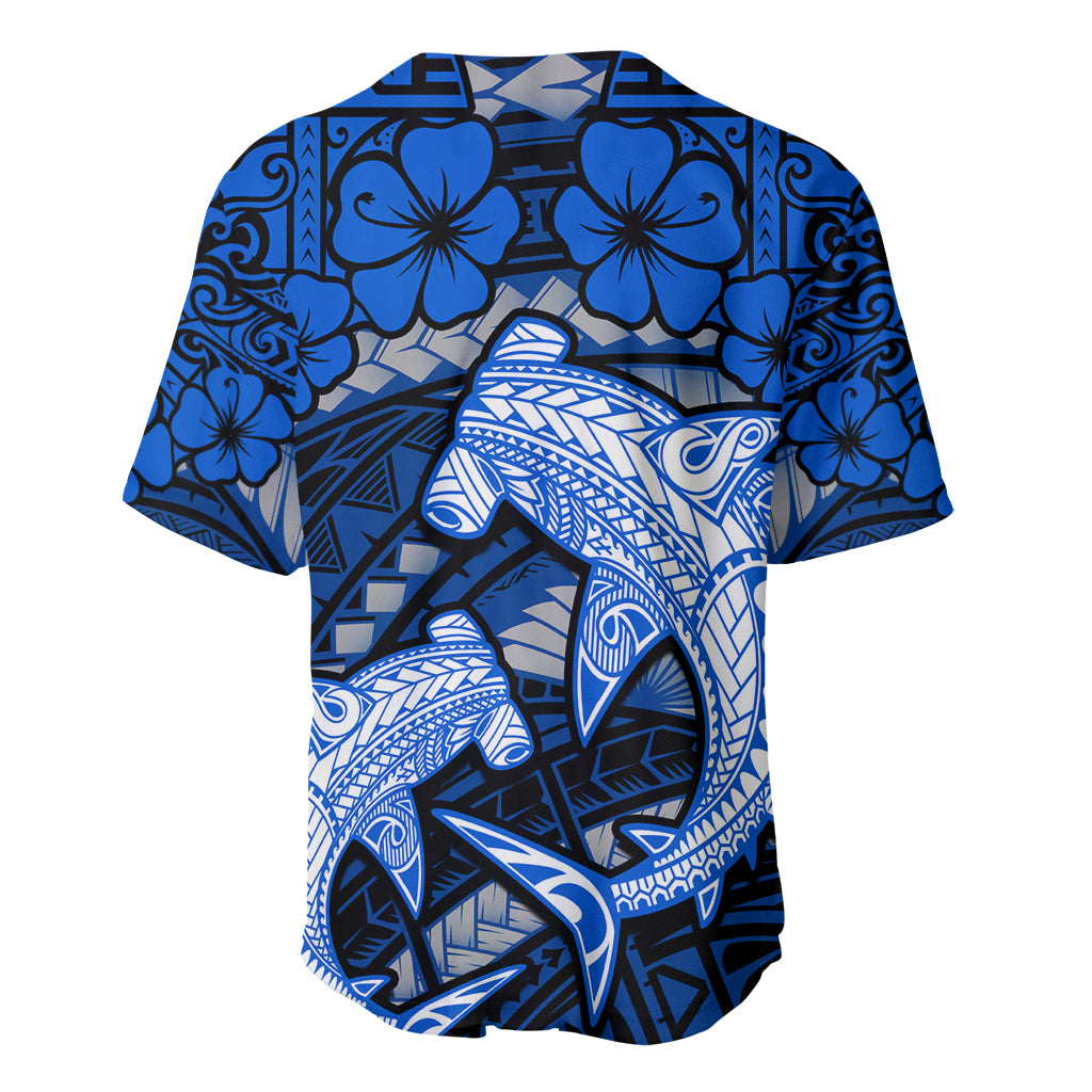 Polynesian Shark Valentine Day Baseball Jersey Hibiscus and Tribal Tattoo Blue Style LT03 - Polynesian Pride