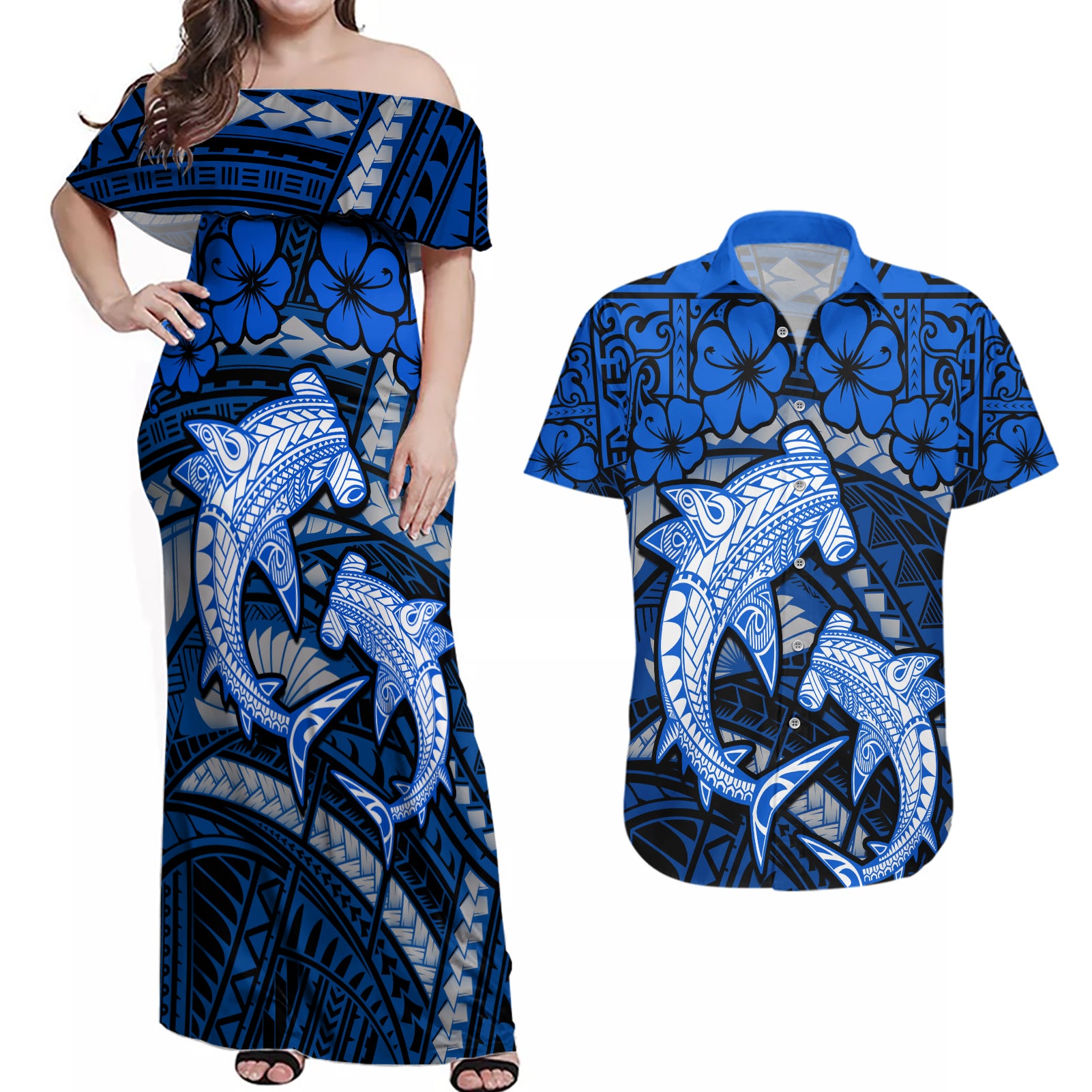 Polynesian Shark Valentine Day Couples Matching Off Shoulder Maxi Dress and Hawaiian Shirt Hibiscus and Tribal Tattoo Blue Style LT03 Blue - Polynesian Pride