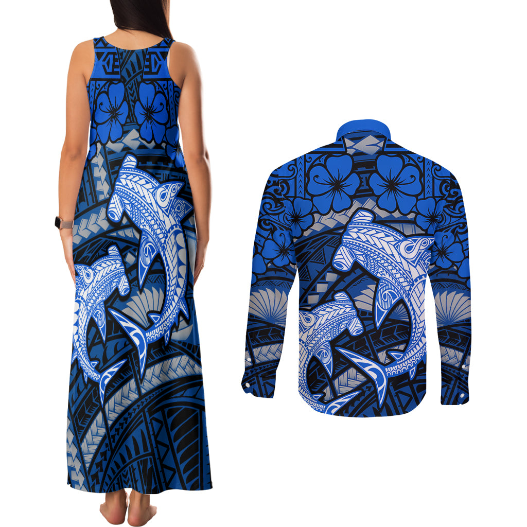 Polynesian Shark Valentine Day Couples Matching Tank Maxi Dress and Long Sleeve Button Shirt Hibiscus and Tribal Tattoo Blue Style LT03 - Polynesian Pride