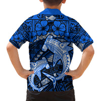 Polynesian Shark Valentine Day Family Matching Off Shoulder Long Sleeve Dress and Hawaiian Shirt Hibiscus and Tribal Tattoo Blue Style LT03 - Polynesian Pride
