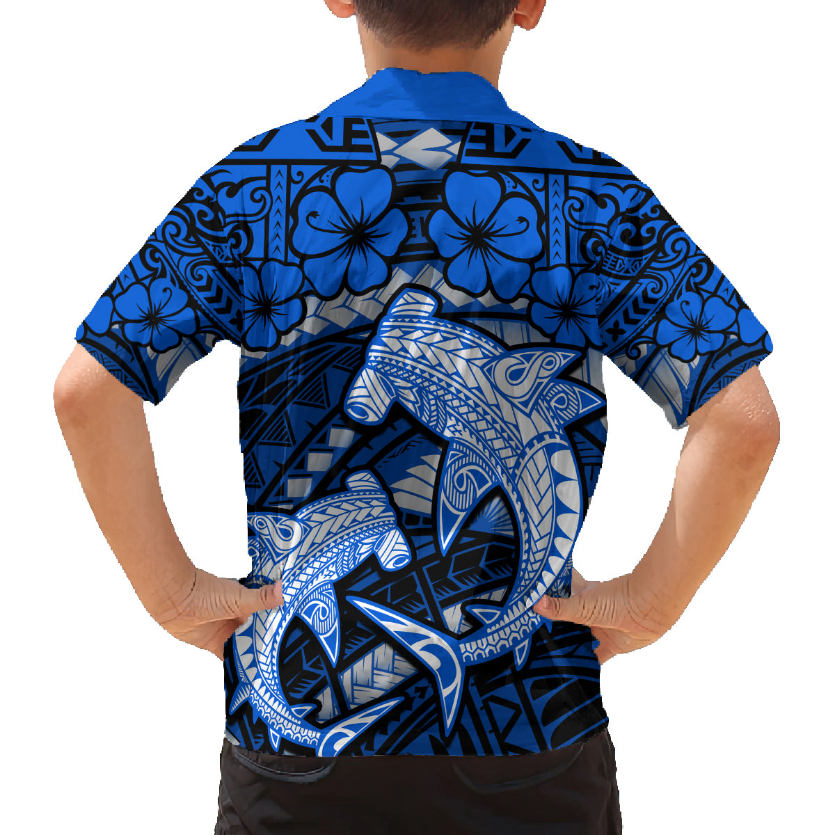 Polynesian Shark Valentine Day Family Matching Tank Maxi Dress and Hawaiian Shirt Hibiscus and Tribal Tattoo Blue Style LT03 - Polynesian Pride