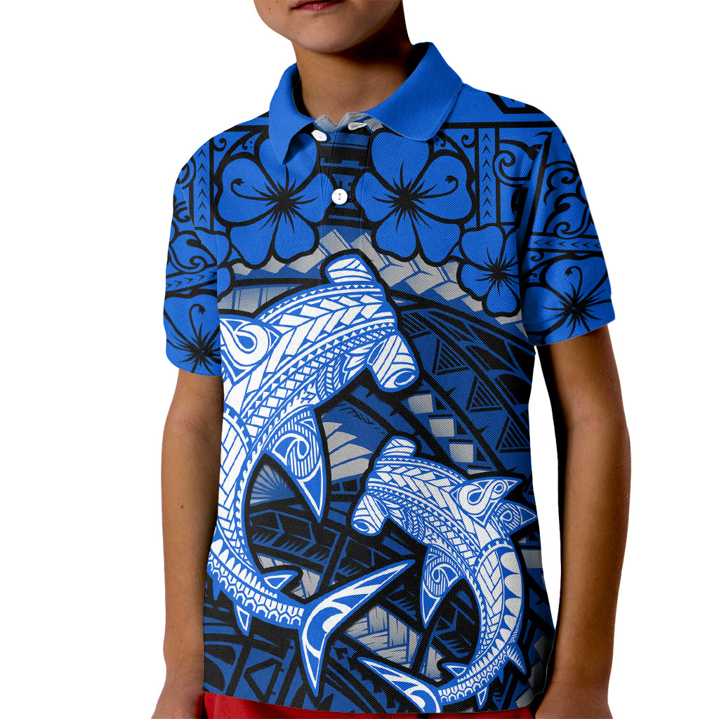 Polynesian Shark Valentine Day Kid Polo Shirt Hibiscus and Tribal Tattoo Blue Style LT03 Kid Blue - Polynesian Pride