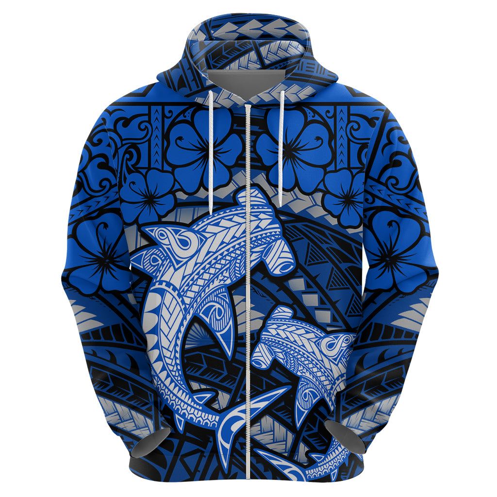 Polynesian Shark Valentine Day Zip Hoodie Hibiscus and Tribal Tattoo Blue Style LT03 - Polynesian Pride