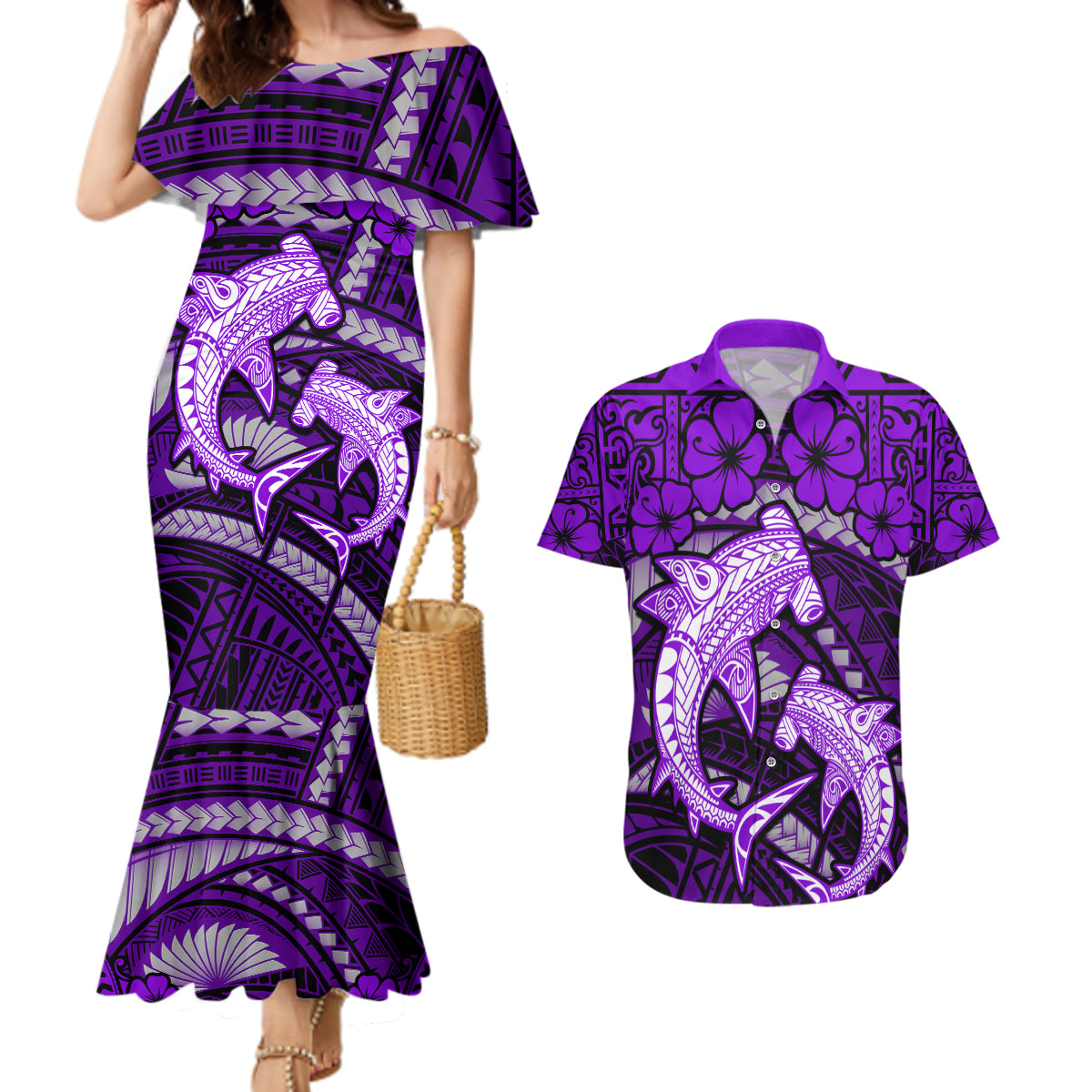 Polynesian Shark Valentine Day Couples Matching Mermaid Dress and Hawaiian Shirt Hibiscus and Tribal Tattoo Purple Style LT03 Purple - Polynesian Pride