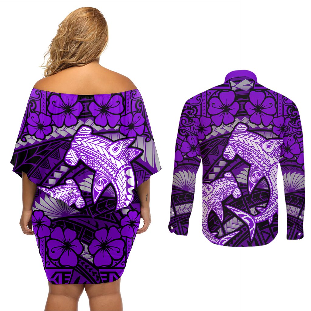 Polynesian Shark Valentine Day Couples Matching Off Shoulder Short Dress and Long Sleeve Button Shirt Hibiscus and Tribal Tattoo Purple Style LT03 - Polynesian Pride