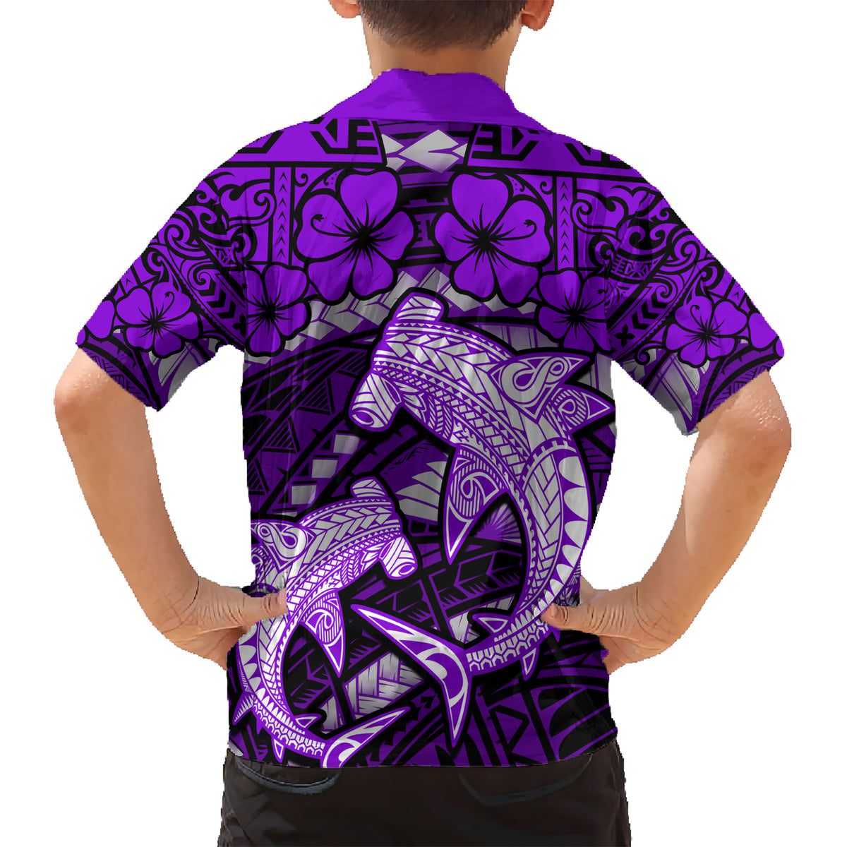 Polynesian Shark Valentine Day Family Matching Short Sleeve Bodycon Dress and Hawaiian Shirt Hibiscus and Tribal Tattoo Purple Style LT03 - Polynesian Pride