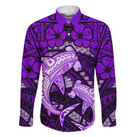 Polynesian Shark Valentine Day Family Matching Short Sleeve Bodycon Dress and Hawaiian Shirt Hibiscus and Tribal Tattoo Purple Style LT03 Dad's Shirt - Long Sleeve Purple - Polynesian Pride