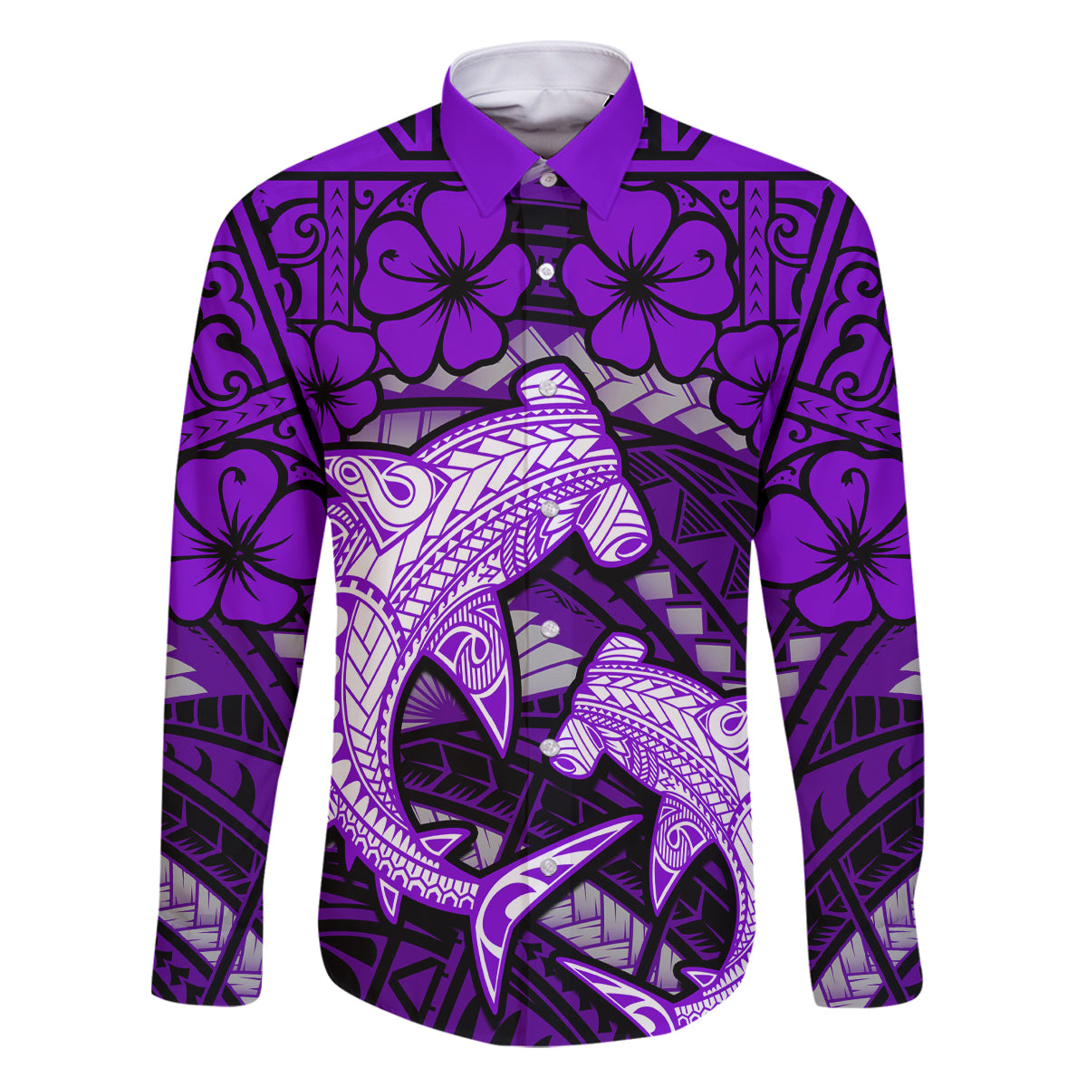 Polynesian Shark Valentine Day Family Matching Summer Maxi Dress and Hawaiian Shirt Hibiscus and Tribal Tattoo Purple Style LT03 Dad's Shirt - Long Sleeve Purple - Polynesian Pride