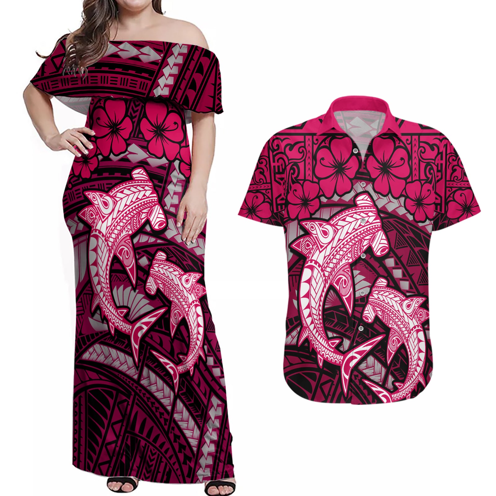 Polynesian Shark Valentine Day Couples Matching Off Shoulder Maxi Dress and Hawaiian Shirt Hibiscus and Tribal Tattoo Pink Style LT03 Pink - Polynesian Pride