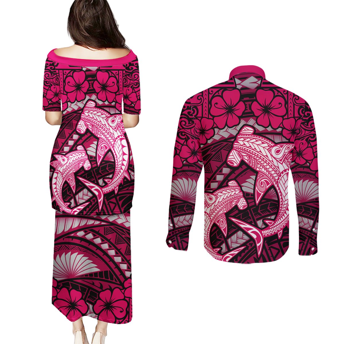 Polynesian Shark Valentine Day Couples Matching Puletasi and Long Sleeve Button Shirt Hibiscus and Tribal Tattoo Pink Style LT03 - Polynesian Pride