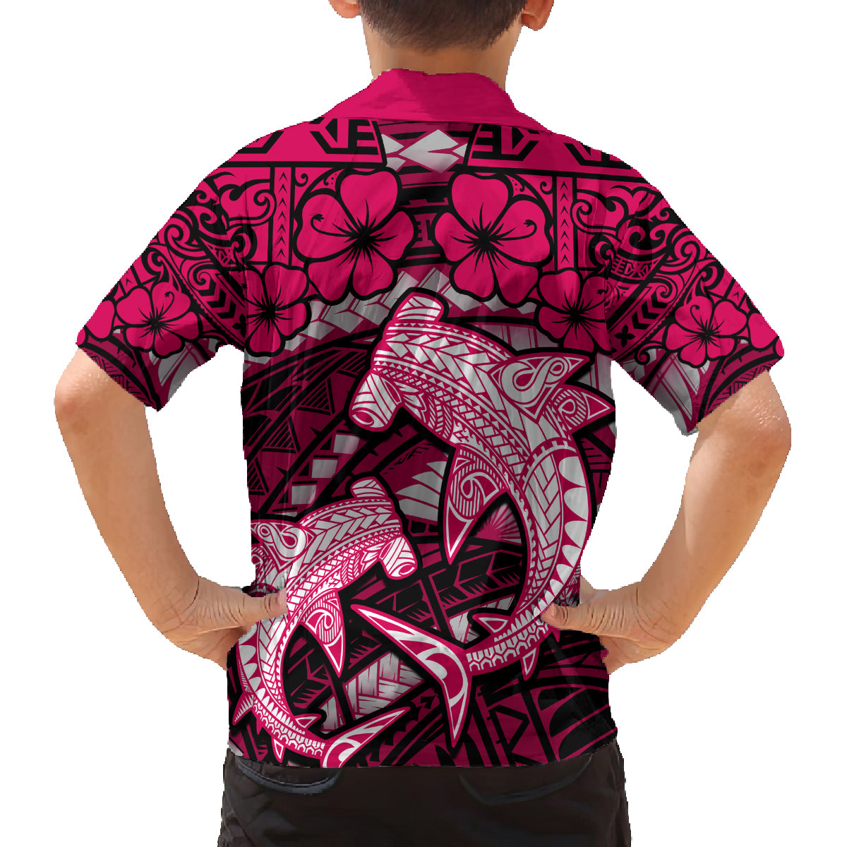 Polynesian Shark Valentine Day Family Matching Off Shoulder Long Sleeve Dress and Hawaiian Shirt Hibiscus and Tribal Tattoo Pink Style LT03 - Polynesian Pride