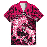 Polynesian Shark Valentine Day Family Matching Off Shoulder Short Dress and Hawaiian Shirt Hibiscus and Tribal Tattoo Pink Style LT03 Dad's Shirt - Short Sleeve Pink - Polynesian Pride