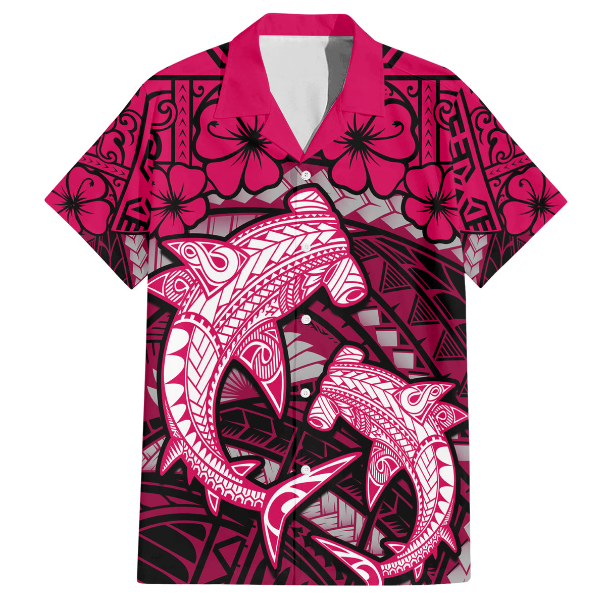Polynesian Shark Valentine Day Family Matching Short Sleeve Bodycon Dress and Hawaiian Shirt Hibiscus and Tribal Tattoo Pink Style LT03 Dad's Shirt - Short Sleeve Pink - Polynesian Pride