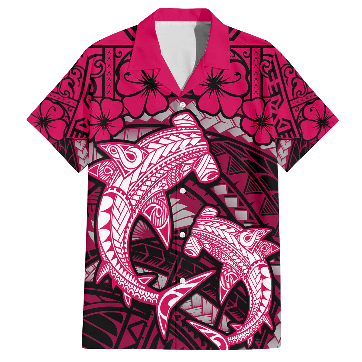 Polynesian Shark Valentine Day Family Matching Summer Maxi Dress and Hawaiian Shirt Hibiscus and Tribal Tattoo Pink Style LT03 Dad's Shirt - Short Sleeve Pink - Polynesian Pride