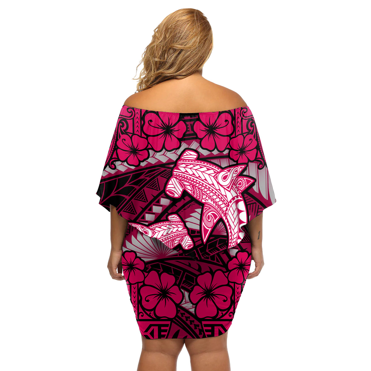 Polynesian Shark Valentine Day Off Shoulder Short Dress Hibiscus and Tribal Tattoo Pink Style LT03 - Polynesian Pride