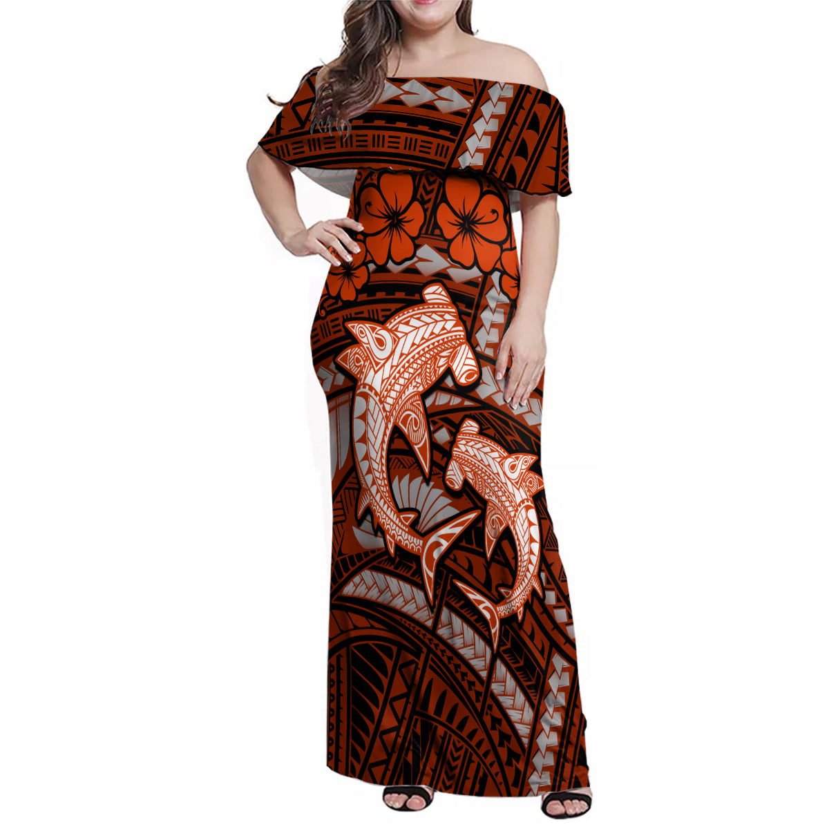 Polynesian Shark Valentine Day Family Matching Off Shoulder Maxi Dress and Hawaiian Shirt Hibiscus and Tribal Tattoo Orange Style LT03 Mom's Dress Orange - Polynesian Pride