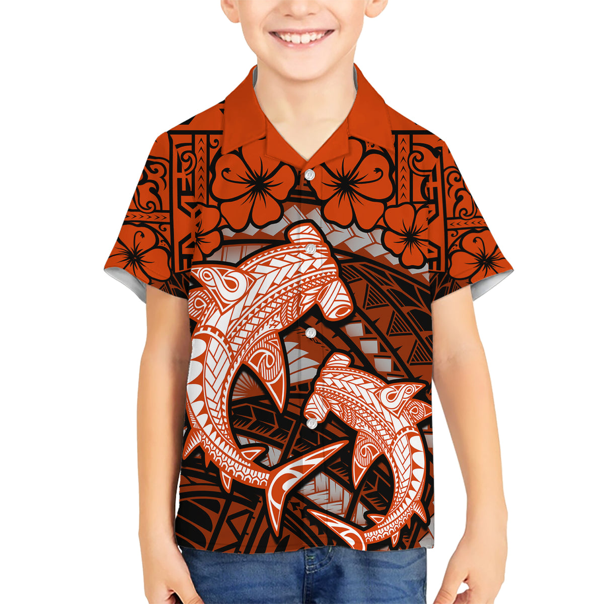 Polynesian Shark Valentine Day Family Matching Short Sleeve Bodycon Dress and Hawaiian Shirt Hibiscus and Tribal Tattoo Orange Style LT03 Son's Shirt Orange - Polynesian Pride