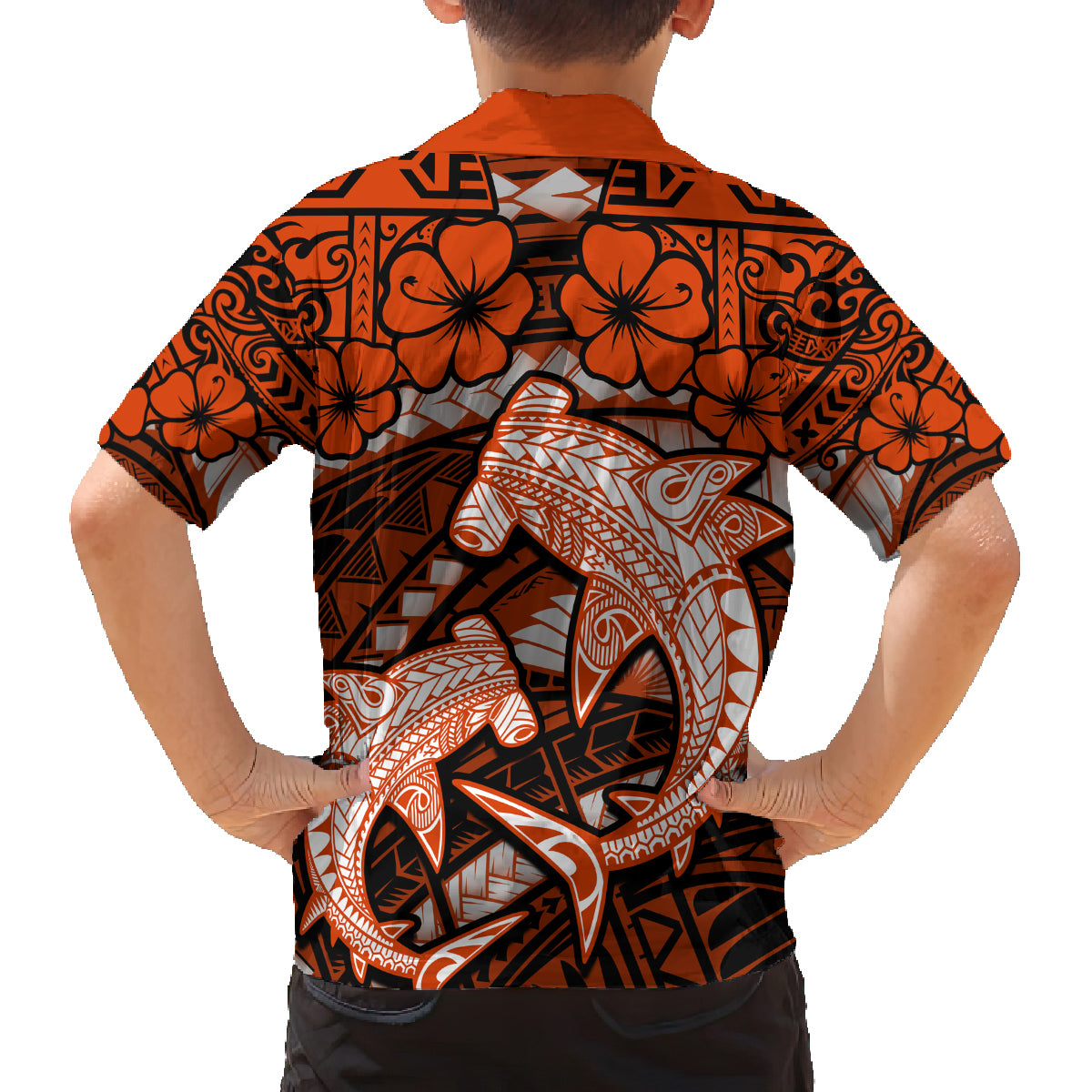 Polynesian Shark Valentine Day Family Matching Summer Maxi Dress and Hawaiian Shirt Hibiscus and Tribal Tattoo Orange Style LT03 - Polynesian Pride