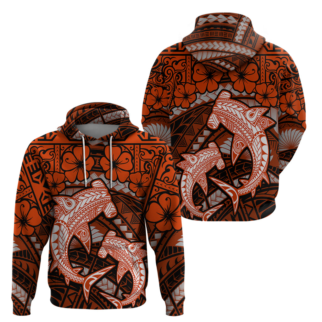 Polynesian Shark Valentine Day Hoodie Hibiscus and Tribal Tattoo Orange Style LT03 - Polynesian Pride