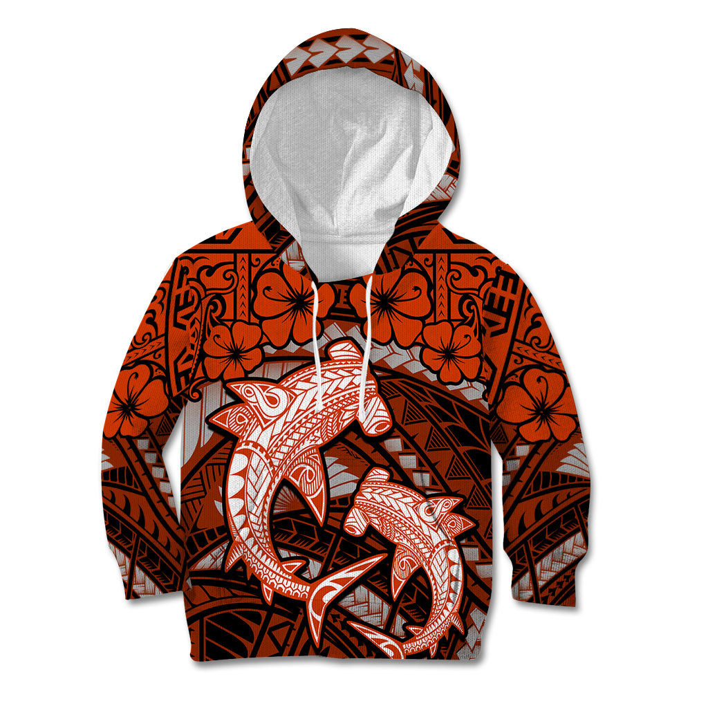 Polynesian Shark Valentine Day Kid Hoodie Hibiscus and Tribal Tattoo Orange Style LT03 Hoodie Orange - Polynesian Pride