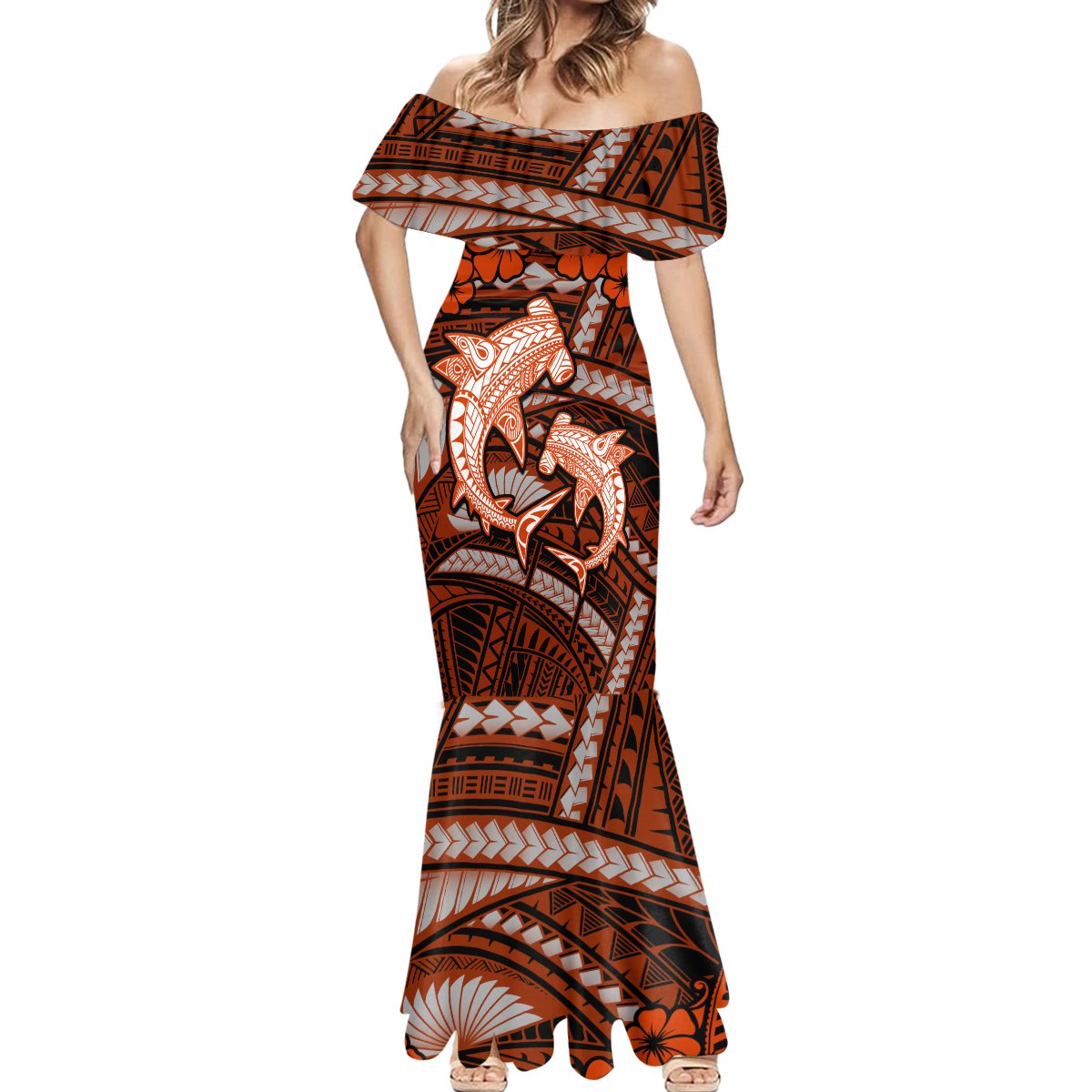 Polynesian Shark Valentine Day Mermaid Dress Hibiscus and Tribal Tattoo Orange Style LT03 - Polynesian Pride