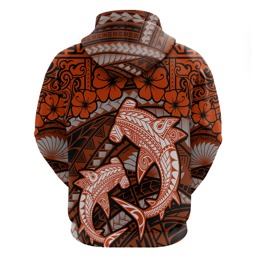 Polynesian Shark Valentine Day Zip Hoodie Hibiscus and Tribal Tattoo Orange Style LT03 - Polynesian Pride