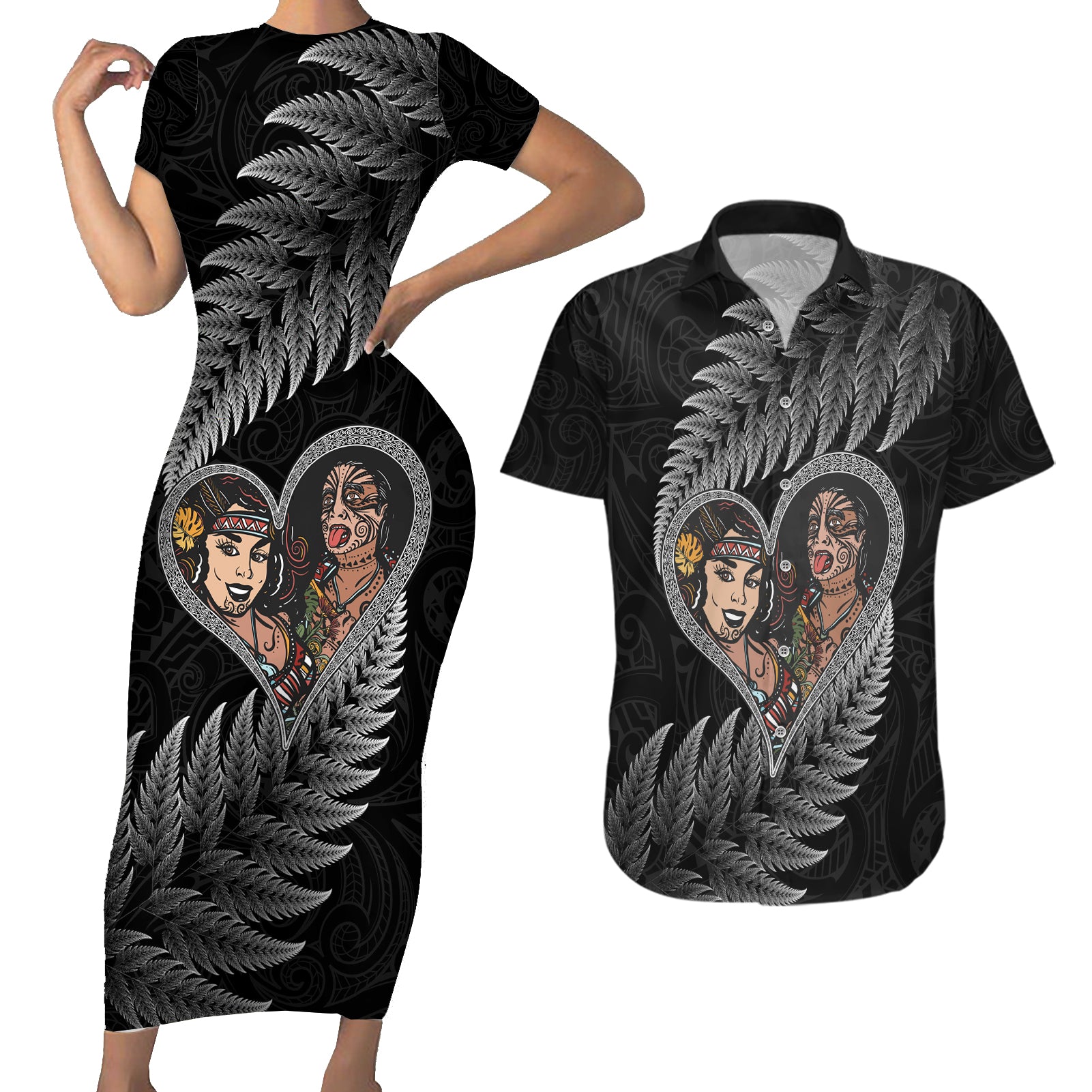 New Zealand Valentine Day Couples Matching Short Sleeve Bodycon Dress and Hawaiian Shirt Aotearoa Warrior and Woman Love Heart Maori Pattern LT03 Black - Polynesian Pride