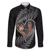 New Zealand Valentine Day Family Matching Off Shoulder Long Sleeve Dress and Hawaiian Shirt Aotearoa Warrior and Woman Love Heart Maori Pattern LT03 Dad's Shirt - Long Sleeve Black - Polynesian Pride