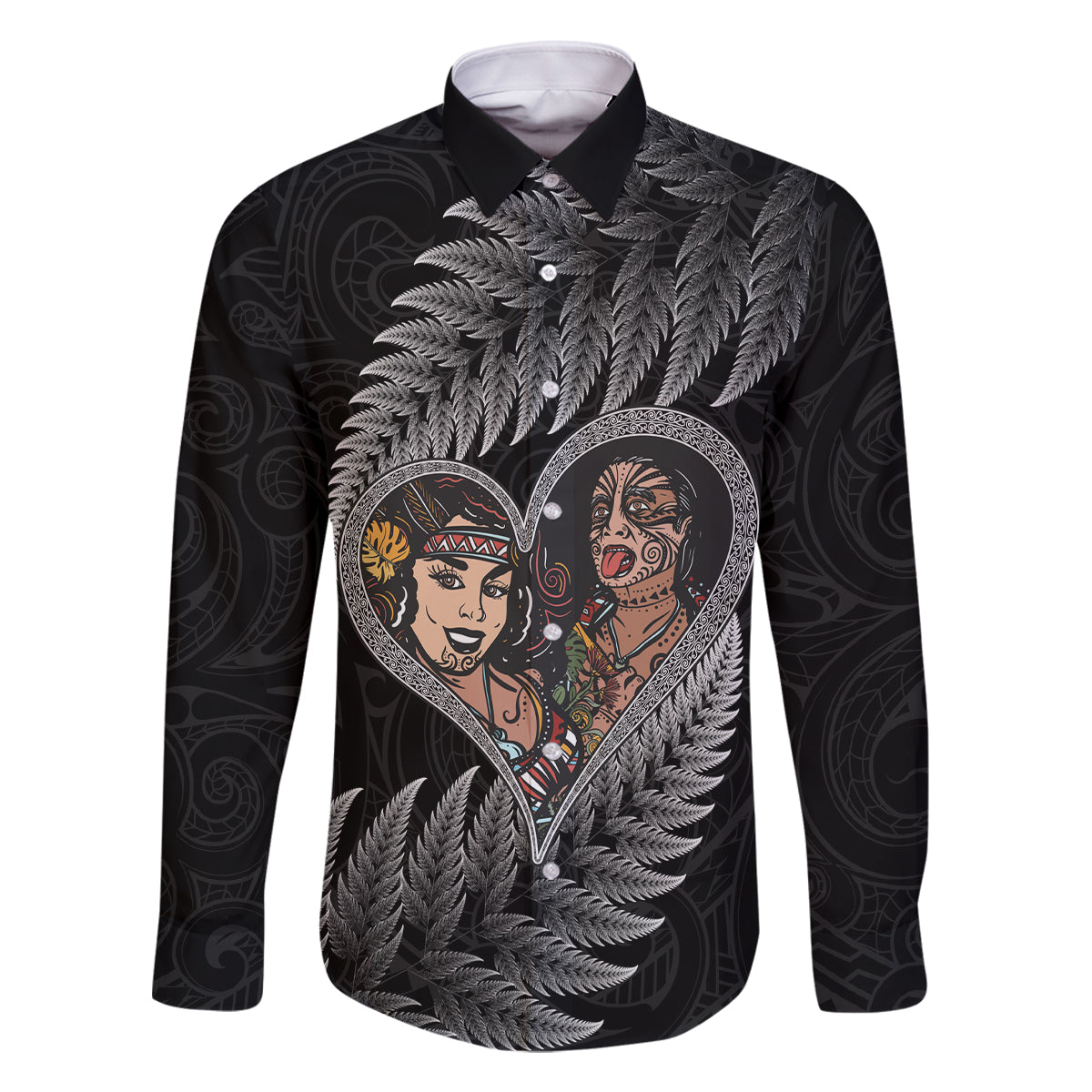 New Zealand Valentine Day Family Matching Off Shoulder Maxi Dress and Hawaiian Shirt Aotearoa Warrior and Woman Love Heart Maori Pattern LT03 Dad's Shirt - Long Sleeve Black - Polynesian Pride