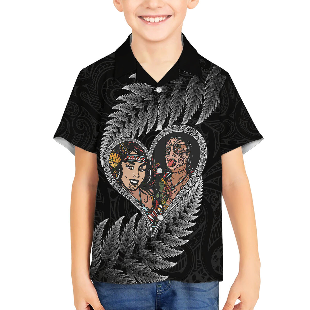 New Zealand Valentine Day Family Matching Short Sleeve Bodycon Dress and Hawaiian Shirt Aotearoa Warrior and Woman Love Heart Maori Pattern LT03 Son's Shirt Black - Polynesian Pride