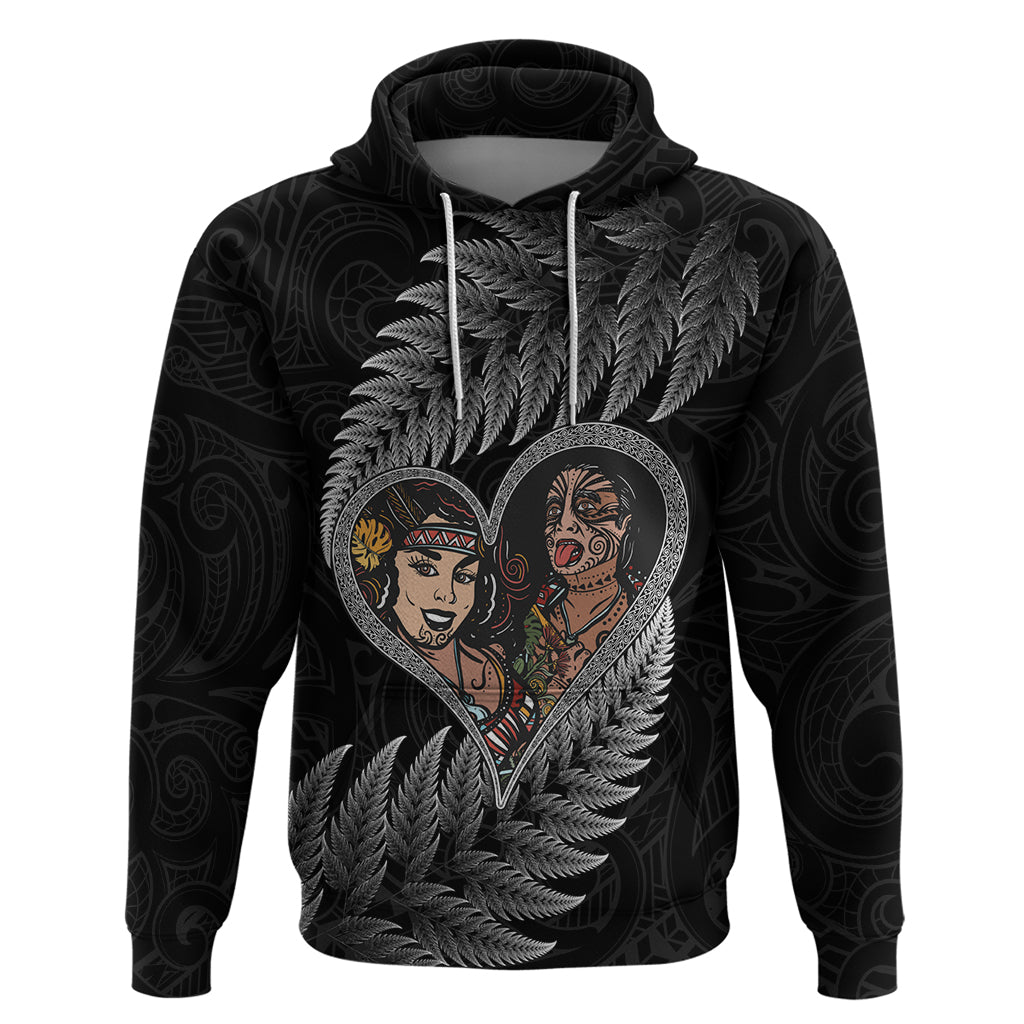 New Zealand Valentine Day Hoodie Aotearoa Warrior and Woman Love Heart Maori Pattern LT03 Pullover Hoodie Black - Polynesian Pride