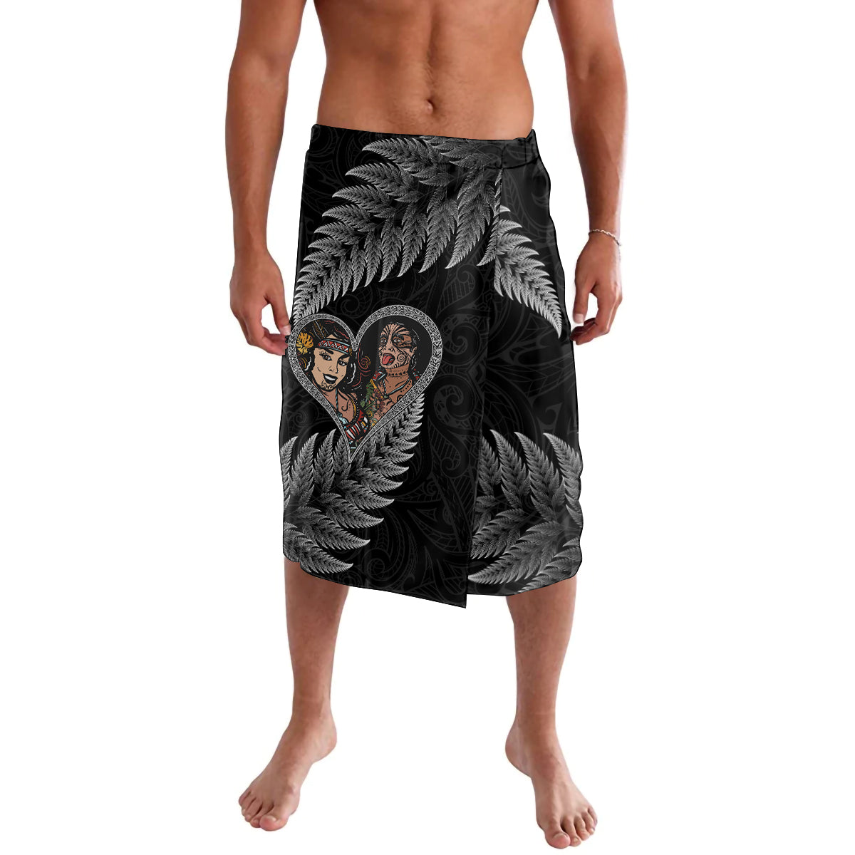 New Zealand Valentine Day Lavalava Aotearoa Warrior and Woman Love Heart Maori Pattern LT03 Black - Polynesian Pride