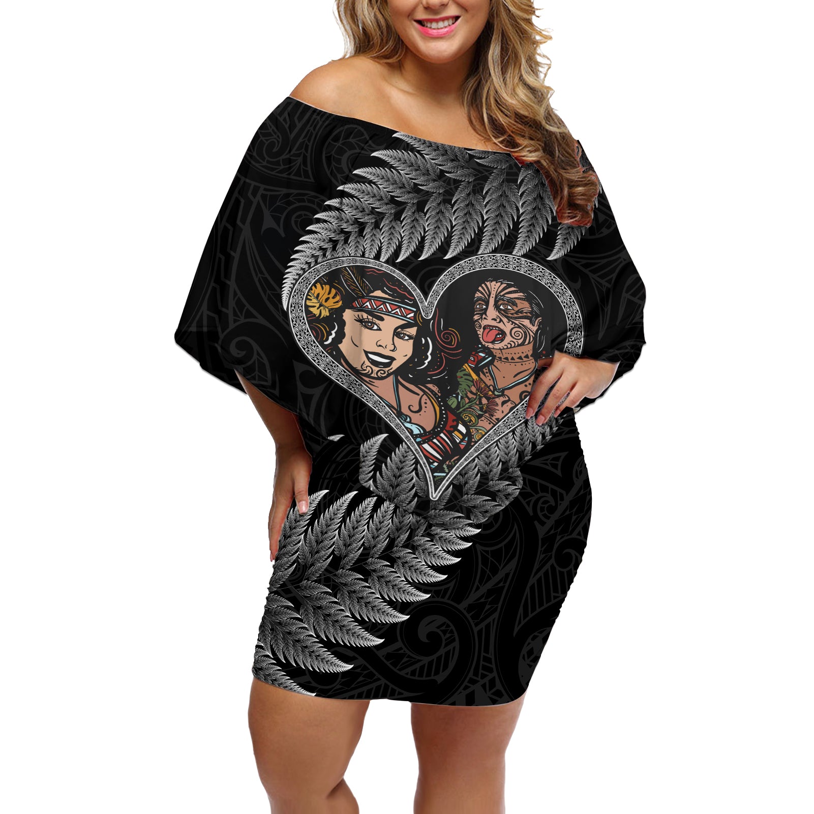 New Zealand Valentine Day Off Shoulder Short Dress Aotearoa Warrior and Woman Love Heart Maori Pattern LT03 Women Black - Polynesian Pride