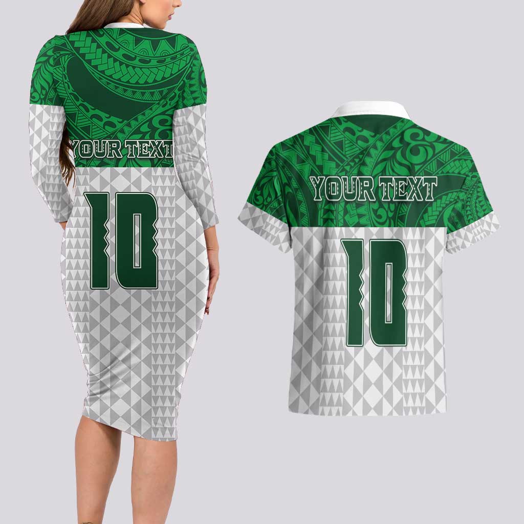 Custom Hawaii Volleyball-Kakau Motif Green Color Couples Matching Long Sleeve Bodycon Dress and Hawaiian Shirt