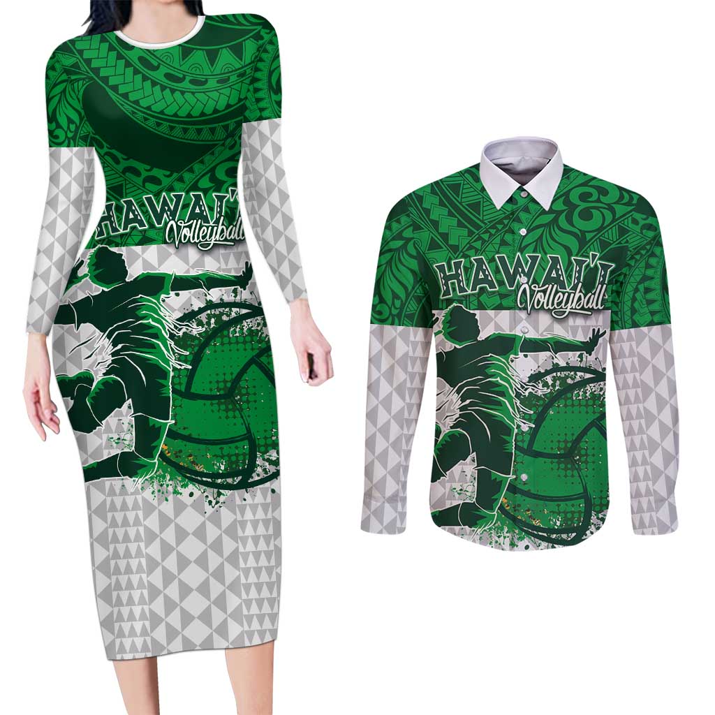 Custom Hawaii Volleyball-Kakau Motif Green Color Couples Matching Long Sleeve Bodycon Dress and Long Sleeve Button Shirt