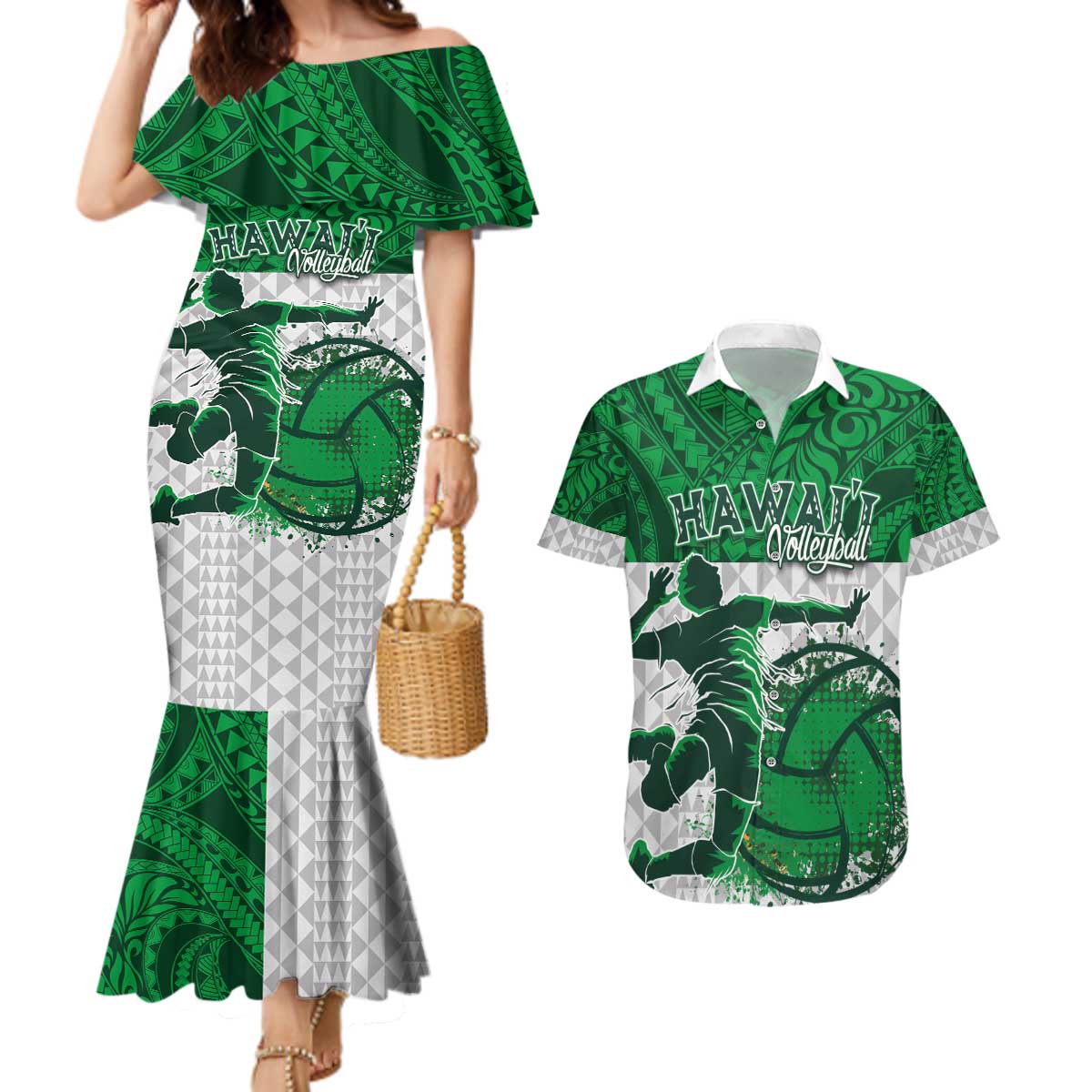 Custom Hawaii Volleyball-Kakau Motif Green Color Couples Matching Mermaid Dress and Hawaiian Shirt