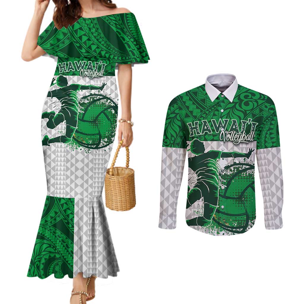 Custom Hawaii Volleyball-Kakau Motif Green Color Couples Matching Mermaid Dress and Long Sleeve Button Shirt