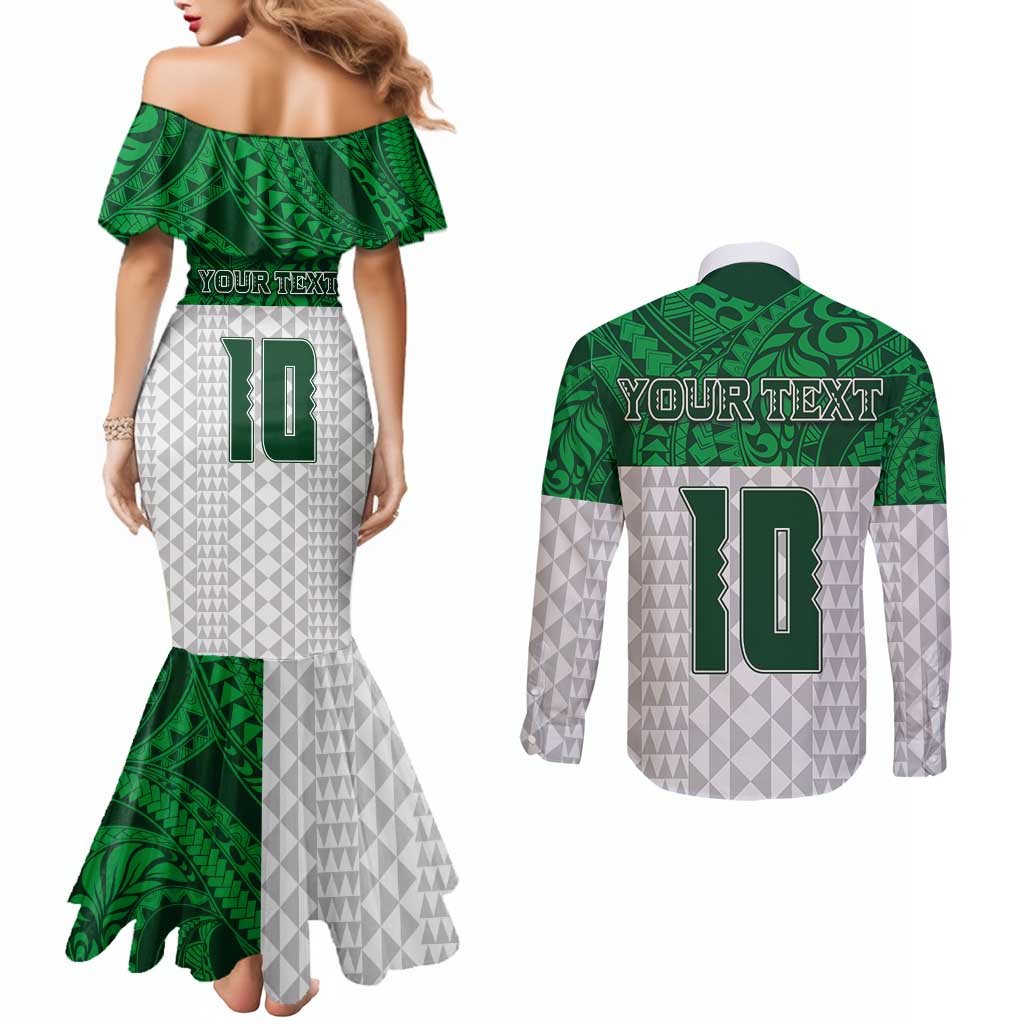 Custom Hawaii Volleyball-Kakau Motif Green Color Couples Matching Mermaid Dress and Long Sleeve Button Shirt LT03 - Polynesian Pride