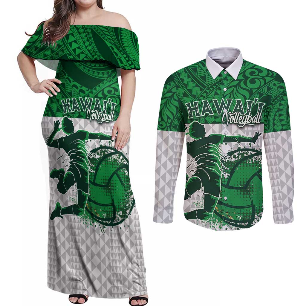 Custom Hawaii Volleyball-Kakau Motif Green Color Couples Matching Off Shoulder Maxi Dress and Long Sleeve Button Shirt