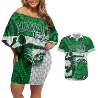Custom Hawaii Volleyball-Kakau Motif Green Color Couples Matching Off Shoulder Short Dress and Hawaiian Shirt