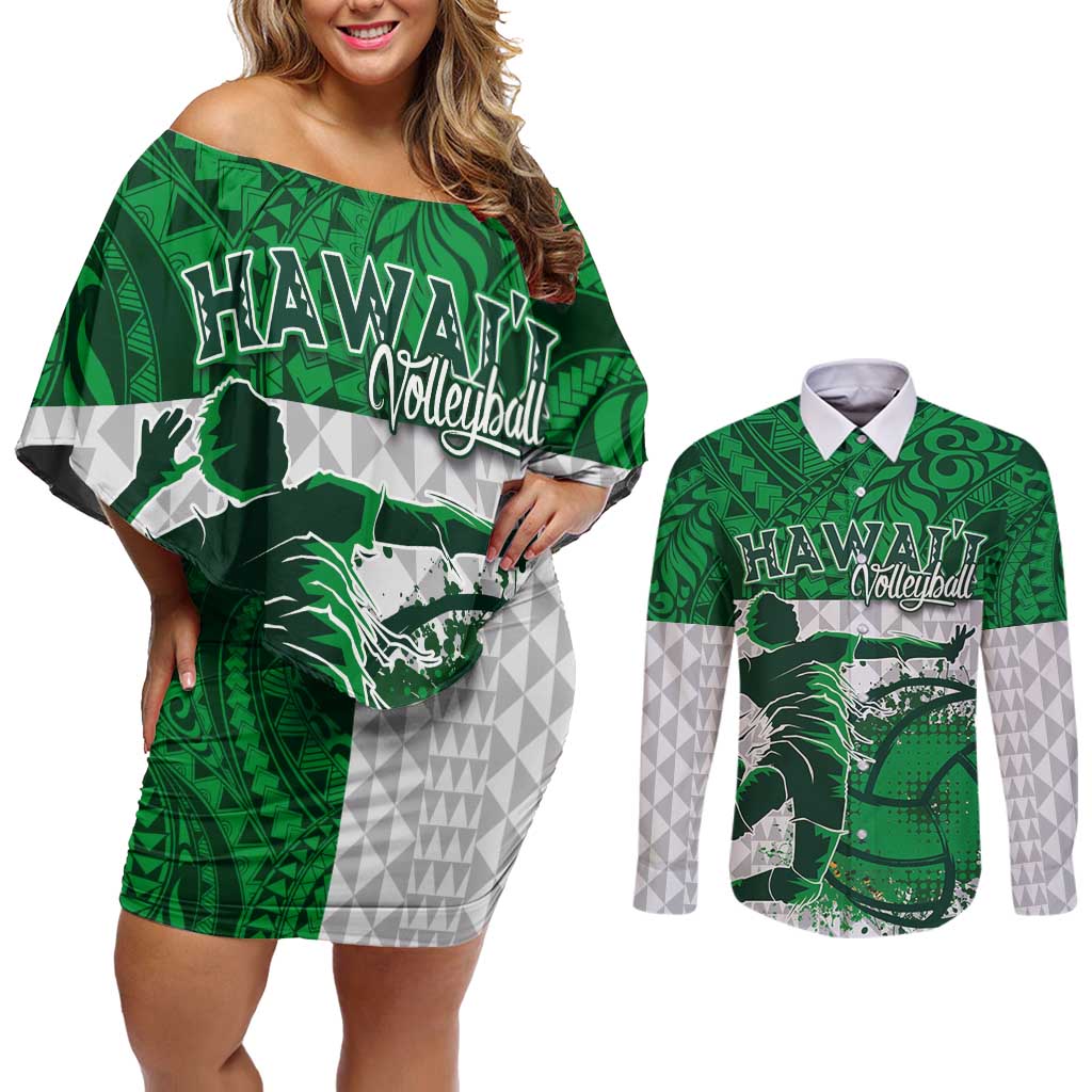 Custom Hawaii Volleyball-Kakau Motif Green Color Couples Matching Off Shoulder Short Dress and Long Sleeve Button Shirt