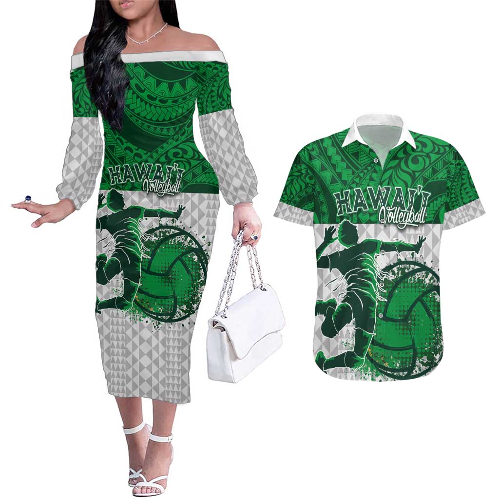 Custom Hawaii Volleyball-Kakau Motif Green Color Couples Matching Off The Shoulder Long Sleeve Dress and Hawaiian Shirt