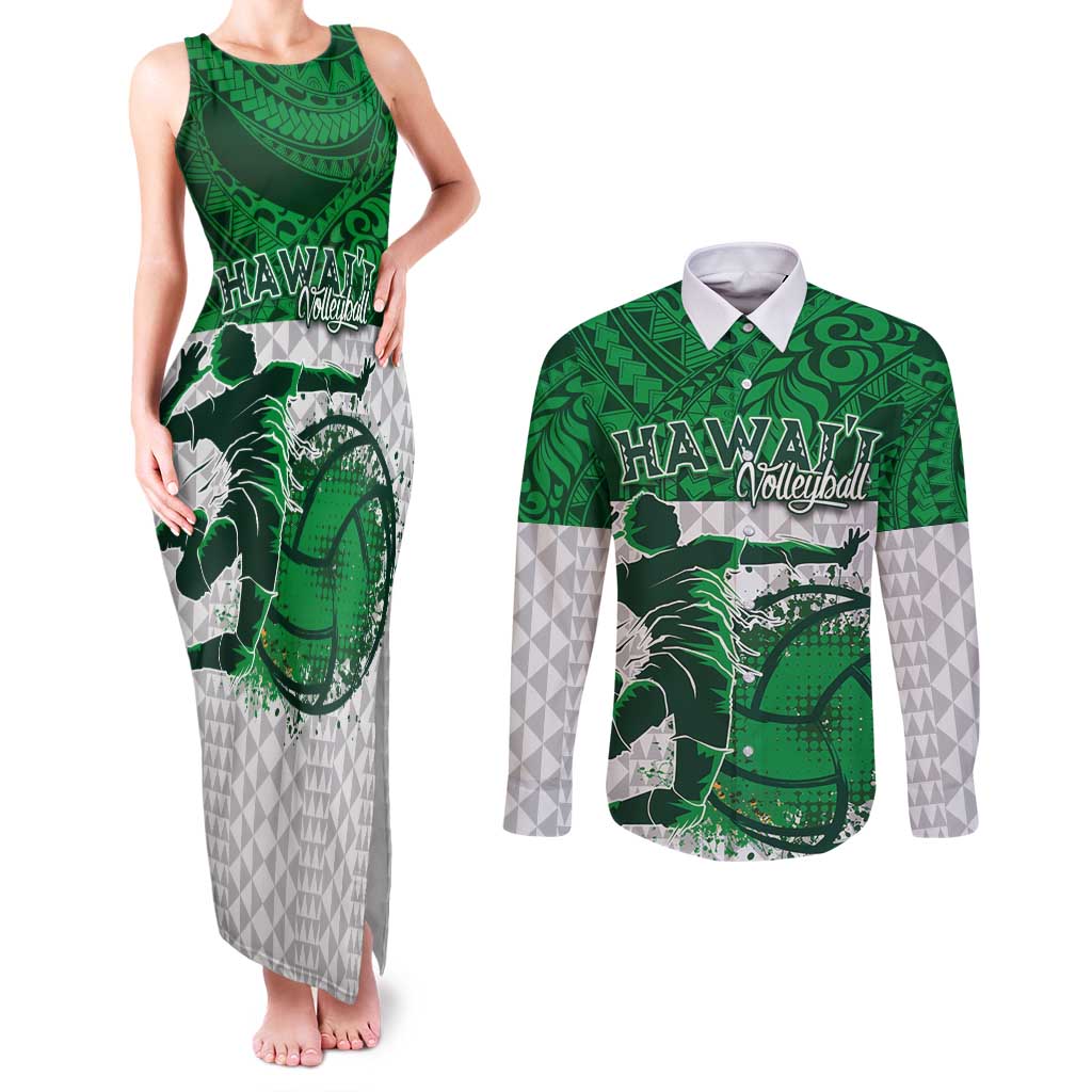 Custom Hawaii Volleyball-Kakau Motif Green Color Couples Matching Tank Maxi Dress and Long Sleeve Button Shirt LT03 Green - Polynesian Pride